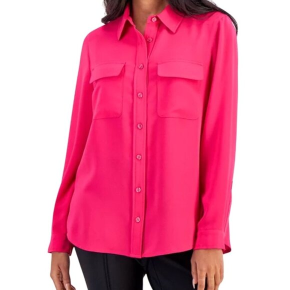 Tommy Bahama Silk Womens XS Red Long Sleeve Button-Up Shirt Red Timeless Pockets - Picture 1 of 14